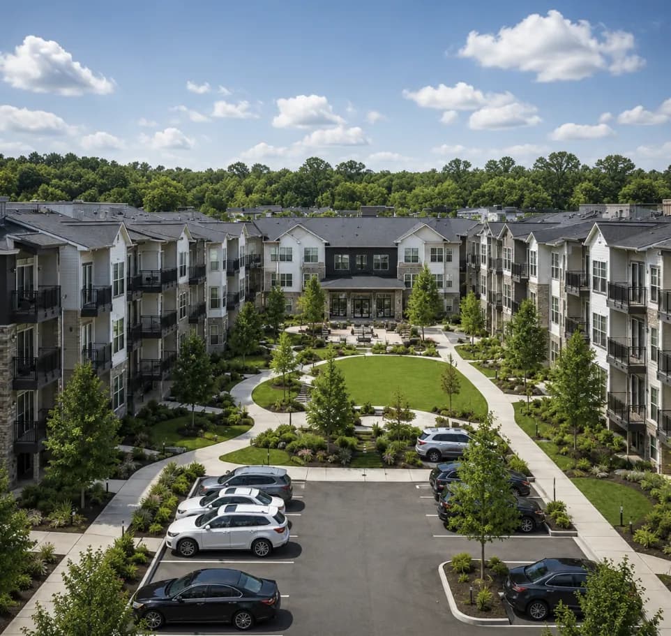 A multifamily property with a landscaped courtyard