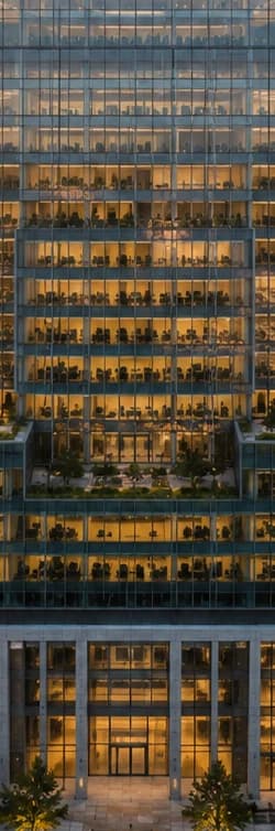 The lit façade of an office tower at dusk