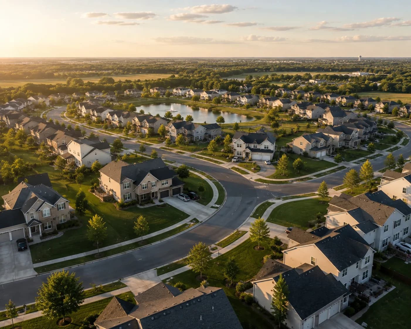 An aerial view of a suburban neighbourhood at golden hour