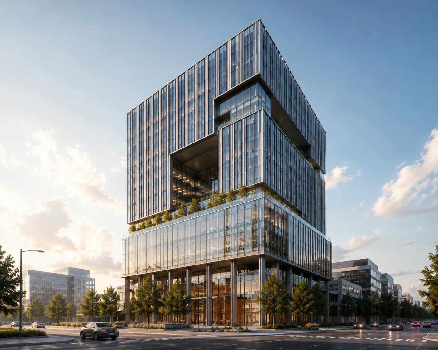 A glass office tower on a clear day