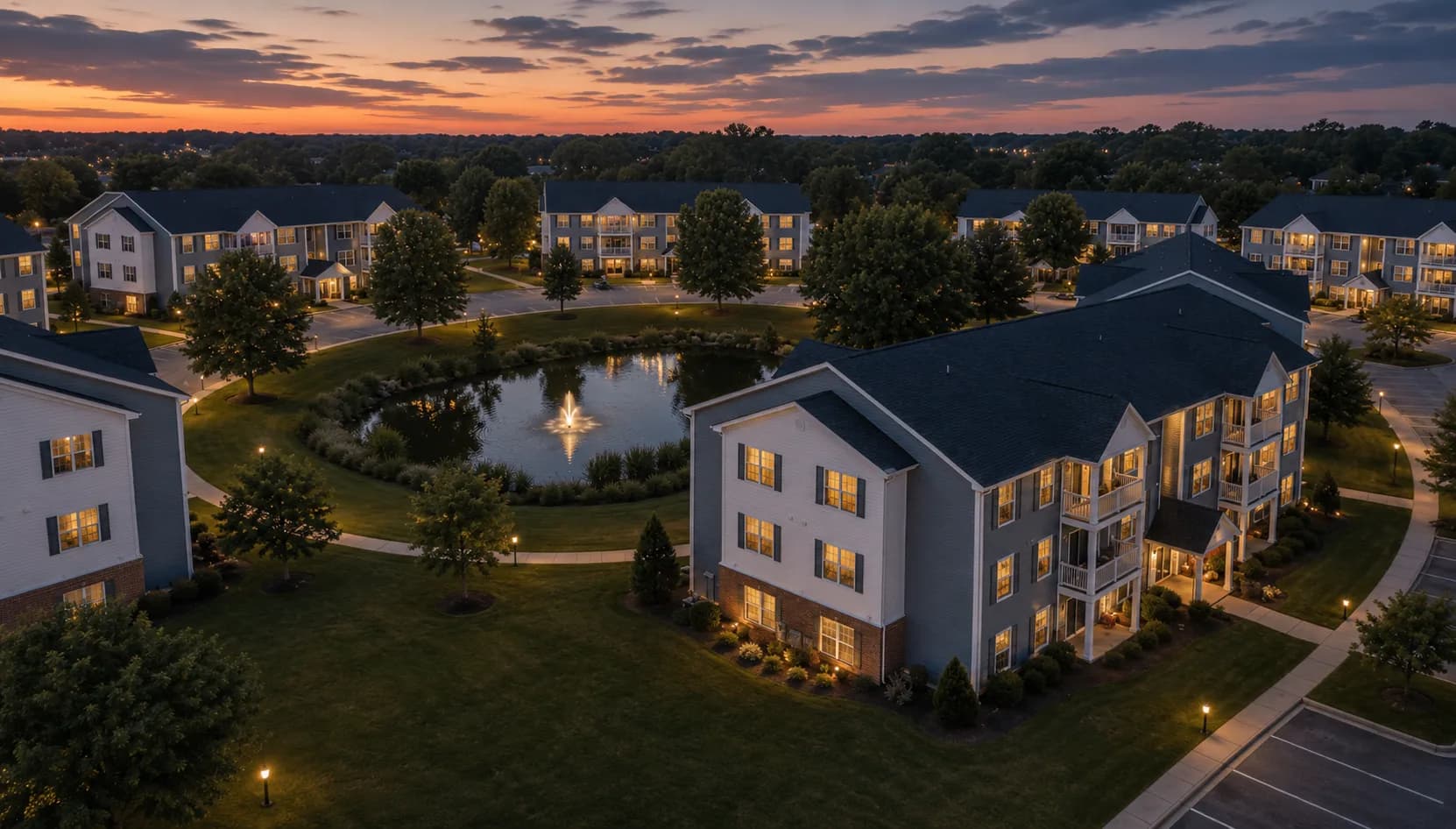 An aerial view of a garden-style multifamily community at dusk