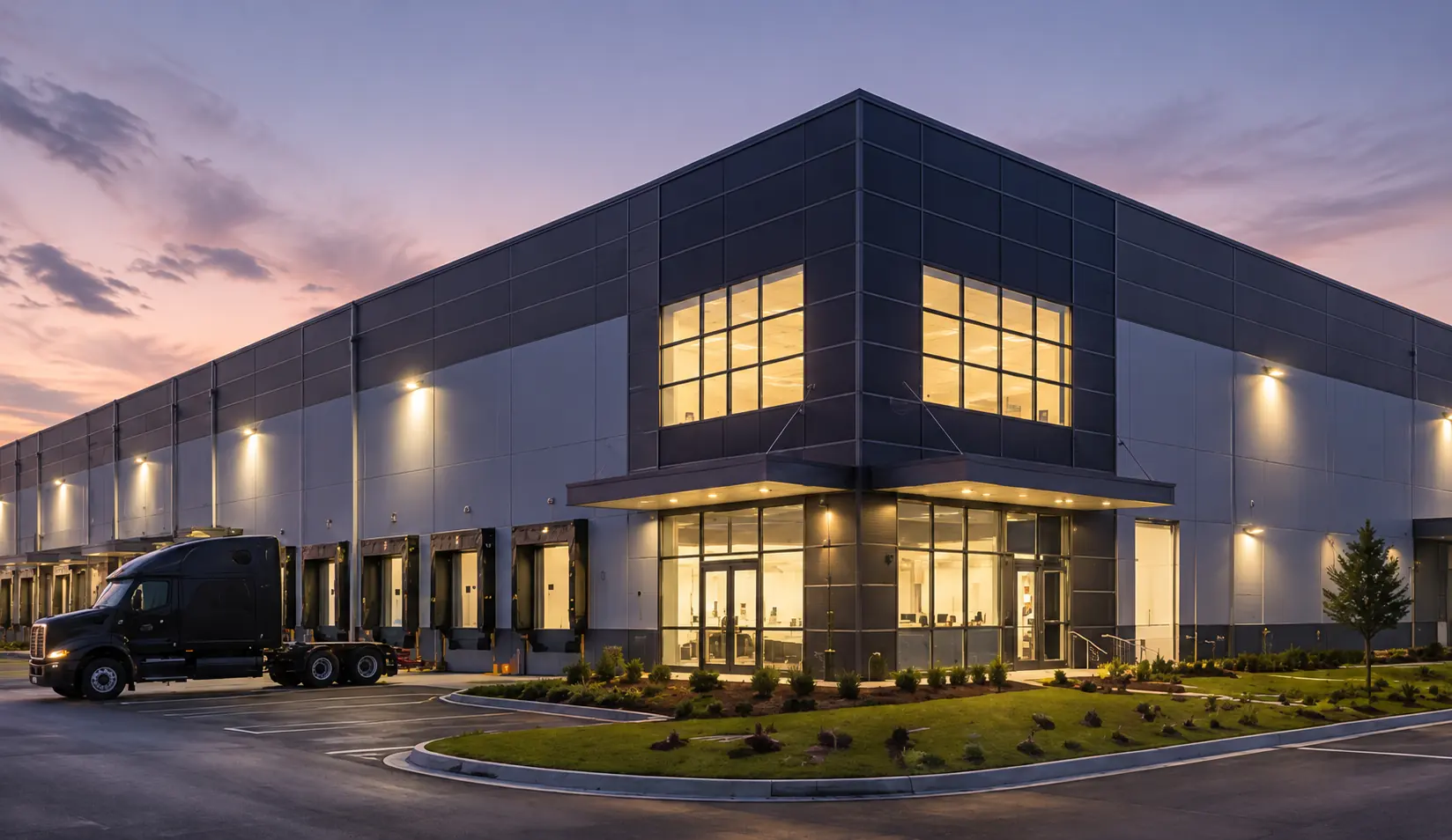 A distribution building lit at dusk