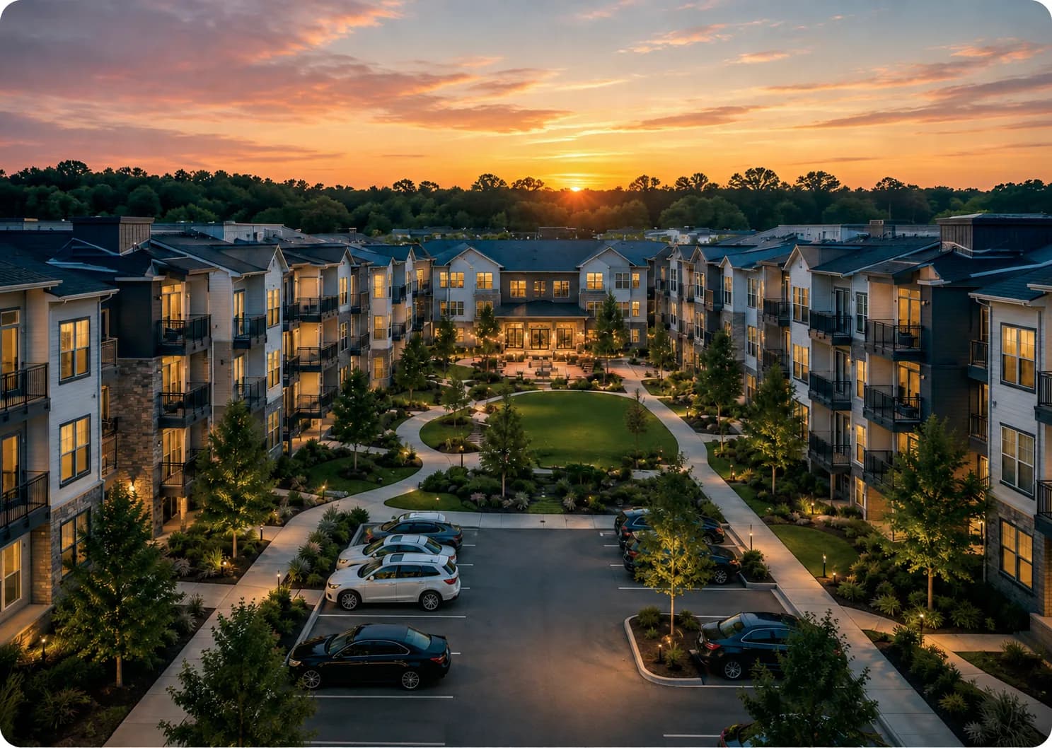 A garden-style multifamily community at sunset